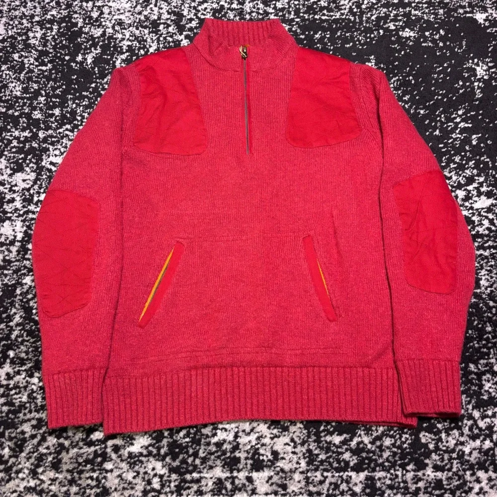 Beretta Mens Red Lambswool Blend Quarter Zip Shooting Sweater XL Patch Elbows